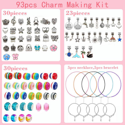 93 Piece DIY Charm Bracelet and Necklace Making Kit for Girls Creative Jewelry Craft Set with Rainbow Beads and Silver Pendants Ideal Kids Gift.