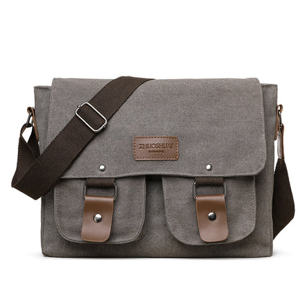 Grey Vintage Canvas Messenger Bag Men Crossbody Satchel Durable Shoulder Bag for Work and Travel Multi Pocket Casual Daypack.