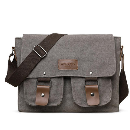 Grey Vintage Canvas Messenger Bag Men Crossbody Satchel Durable Shoulder Bag for Work and Travel Multi Pocket Casual Daypack.