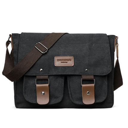 Black Vintage Canvas Messenger Bag Men Crossbody Satchel Durable Shoulder Bag for Work and Travel Multi Pocket Casual Daypack.