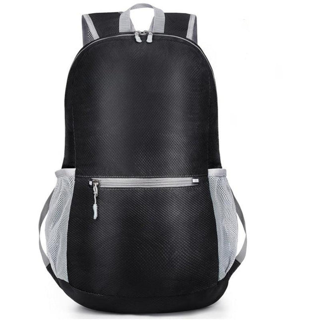 Black Ultra Lightweight Foldable Backpack Packable Daypack Compact Travel Rucksack with Mesh Pockets Ideal for Outdoor Adventures.