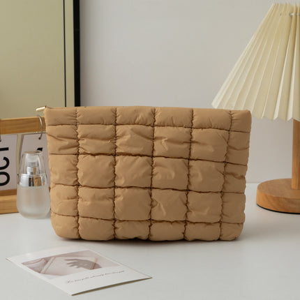 Light Brown 2 Pack Quilted Puffer Clutch Bag Set Checkered Makeup Pouch Women Fashion Cosmetic Organiser for Travel and Daily Use.