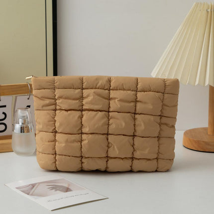 Light Brown 2 Pack Quilted Puffer Clutch Bag Set Checkered Makeup Pouch Women Fashion Cosmetic Organiser for Travel and Daily Use.