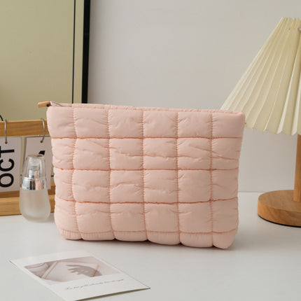 Pink 2 Pack Quilted Puffer Clutch Bag Set Checkered Makeup Pouch Women Fashion Cosmetic Organiser for Travel and Daily Use.