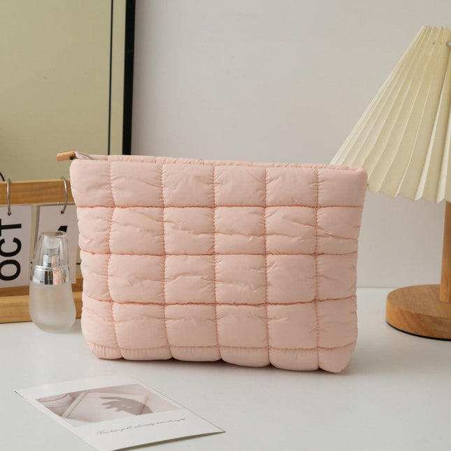 Pink 2 Pack Quilted Puffer Clutch Bag Set Checkered Makeup Pouch Women Fashion Cosmetic Organiser for Travel and Daily Use.