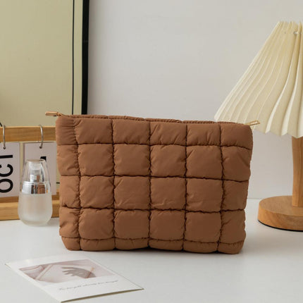Dark Brown 2 Pack Quilted Puffer Clutch Bag Set Checkered Makeup Pouch Women Fashion Cosmetic Organiser for Travel and Daily Use.