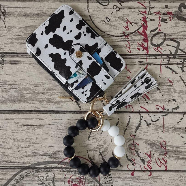 2 Pack Black-white Silicone Beaded Wristlet Keychain Wallet Bangle with Tassel PU Leather ID Card Holder for Women Hands Free Key Ring Organiser.