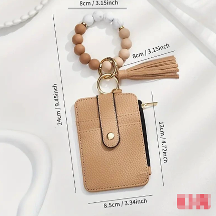 2 Pack Black-white Silicone Beaded Wristlet Keychain Wallet Bangle with Tassel PU Leather ID Card Holder for Women Hands Free Key Ring Organiser.
