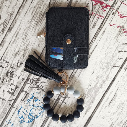 2 Pack Black Silicone Beaded Wristlet Keychain Wallet Bangle with Tassel PU Leather ID Card Holder for Women Hands Free Key Ring Organiser