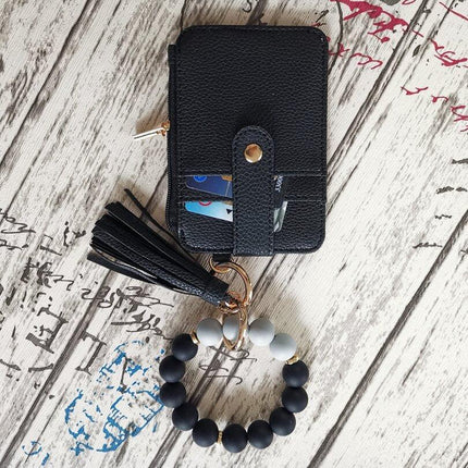 2 Pack Black Silicone Beaded Wristlet Keychain Wallet Bangle with Tassel PU Leather ID Card Holder for Women Hands Free Key Ring Organiser.