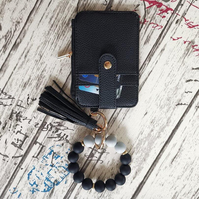2 Pack Black Silicone Beaded Wristlet Keychain Wallet Bangle with Tassel PU Leather ID Card Holder for Women Hands Free Key Ring Organiser.