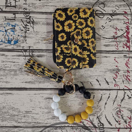 2 Pack Yellow Flower Silicone Beaded Wristlet Keychain Wallet Bangle with Tassel PU Leather ID Card Holder for Women Hands Free Key Ring Organiser.