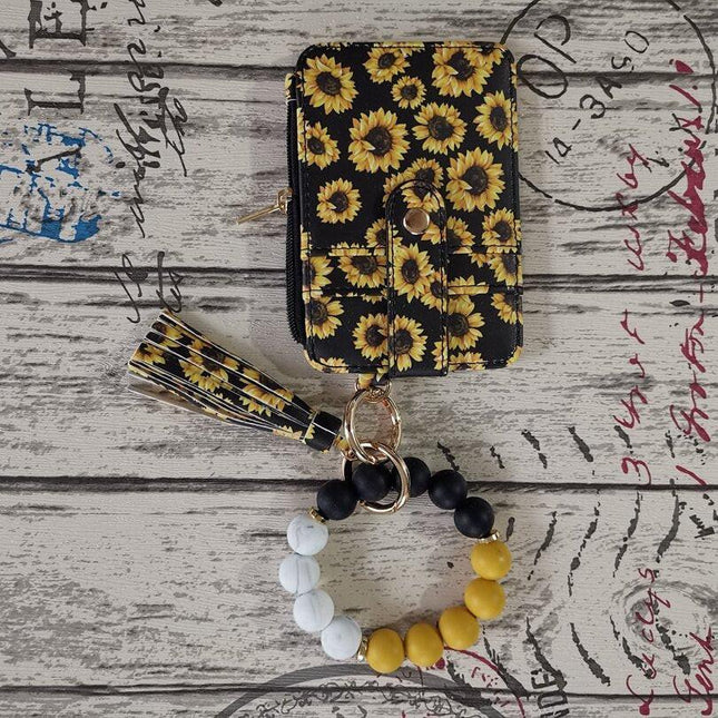 2 Pack Yellow Flower Silicone Beaded Wristlet Keychain Wallet Bangle with Tassel PU Leather ID Card Holder for Women Hands Free Key Ring Organiser.