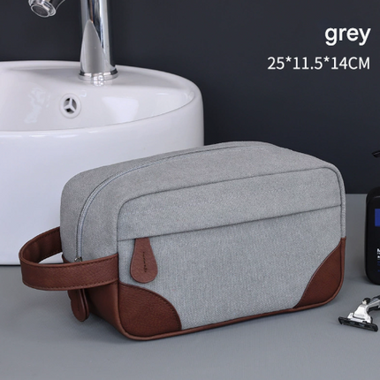 Grey Men's Vintage Canvas Toiletry Bag PU Leather Accent Travel Wash Pouch Large Capacity Shaving Kit Organiser.