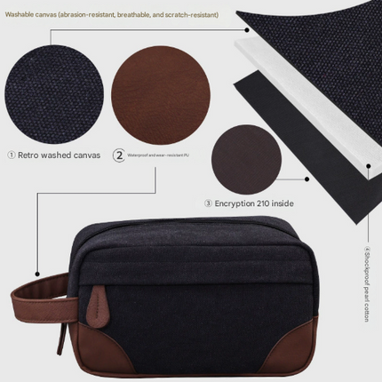 Grey Men's Vintage Canvas Toiletry Bag PU Leather Accent Travel Wash Pouch Large Capacity Shaving Kit Organiser.