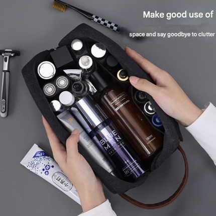 Grey Men's Vintage Canvas Toiletry Bag PU Leather Accent Travel Wash Pouch Large Capacity Shaving Kit Organiser.