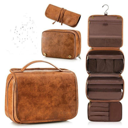 Brown Large Hanging Toiletry Bag Waterproof Leather Travel Organiser 4 Compartment Cosmetic Case with Swivel Hook Ideal for Holidays.