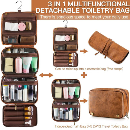 Brown Large Hanging Toiletry Bag Waterproof Leather Travel Organiser 4 Compartment Cosmetic Case with Swivel Hook Ideal for Holidays.