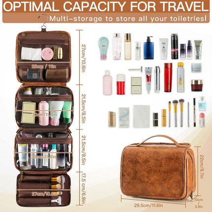 Brown Large Hanging Toiletry Bag Waterproof Leather Travel Organiser 4 Compartment Cosmetic Case with Swivel Hook Ideal for Holidays.