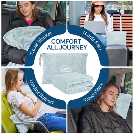 Grey 2-in-1 Premium Travel Blanket and Pillow Soft Fleece Airplane Throw 165cm x 100cm Foldable Cushion with Luggage Clip Ideal for Flights and Road Trips.