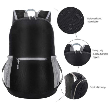 Grey Ultra Lightweight Foldable Backpack Packable Daypack Compact Travel Rucksack with Mesh Pockets Ideal for Outdoor Adventures.