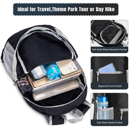 Grey Ultra Lightweight Foldable Backpack Packable Daypack Compact Travel Rucksack with Mesh Pockets Ideal for Outdoor Adventures.