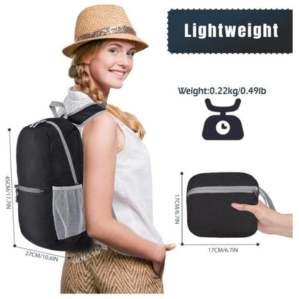 Grey Ultra Lightweight Foldable Backpack Packable Daypack Compact Travel Rucksack with Mesh Pockets Ideal for Outdoor Adventures.