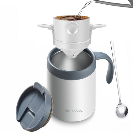 White Portable Pour Over Coffee Maker Set Stainless Steel Insulated Travel Mug with Collapsible Reusable Dripper Filter for Camping Office and Home.