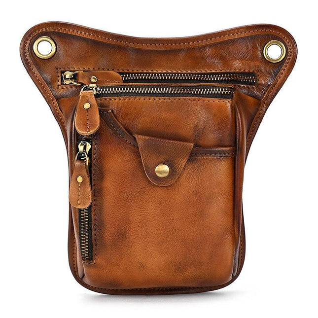 Brown-yellow Vintage Crazy Horse Leather Drop Leg Bag Waist Pack Thigh Pouch for Motorcycling Hiking and Travel Multipurpose Organiser.