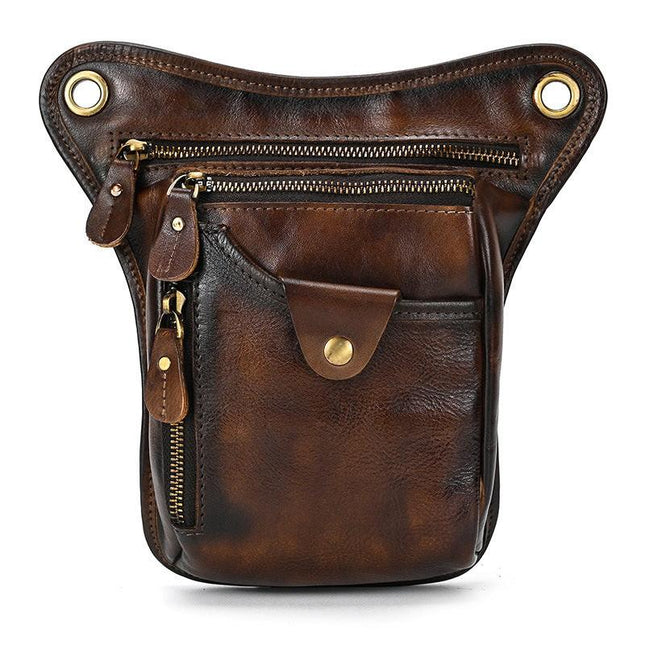 Coffee-brown Vintage Crazy Horse Leather Drop Leg Bag Waist Pack Thigh Pouch for Motorcycling Hiking and Travel Multipurpose Organiser.