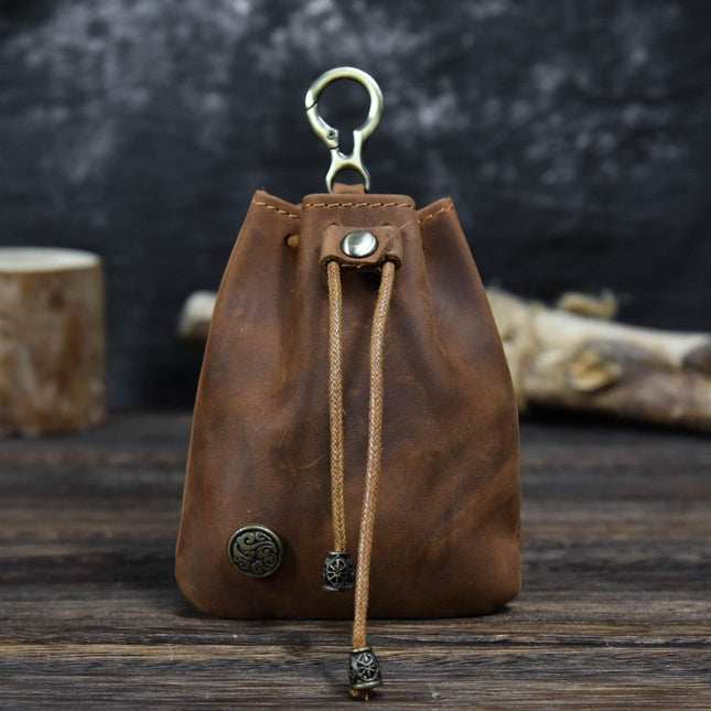 Brown Vintage Crazy Horse Leather Coin Purse Handmade Drawstring Pouch with Belt Clip Small Storage Bag for Coins Keys and Dice EDC.