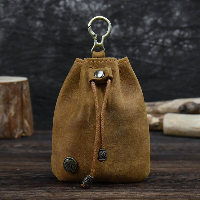 Light Brown Vintage Crazy Horse Leather Coin Purse Handmade Drawstring Pouch with Belt Clip Small Storage Bag for Coins Keys and Dice EDC.