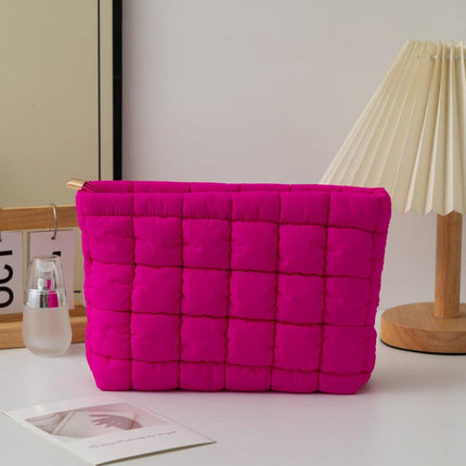 Rose Red 2 Pack Quilted Puffer Clutch Bag Set Checkered Makeup Pouch Women Fashion Cosmetic Organiser for Travel and Daily Use.