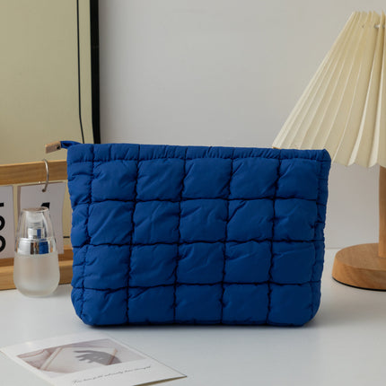 Blue 2 Pack Quilted Puffer Clutch Bag Set Checkered Makeup Pouch Women Fashion Cosmetic Organiser for Travel and Daily Use.