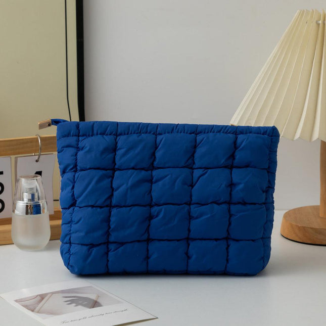 Blue 2 Pack Quilted Puffer Clutch Bag Set Checkered Makeup Pouch Women Fashion Cosmetic Organiser for Travel and Daily Use.