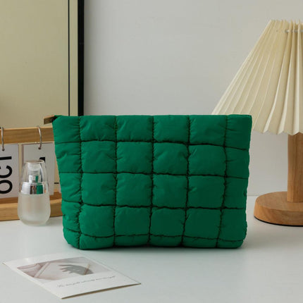 Green 2 Pack Quilted Puffer Clutch Bag Set Checkered Makeup Pouch Women Fashion Cosmetic Organiser for Travel and Daily Use.