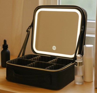 Portable Makeup Case with LED Light Mirror Travel Cosmetic Bag Organiser Adjustable Dividers Large Capacity Vanity Box for Women.