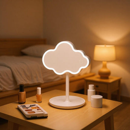 White Cute Cloud Shaped LED Makeup Mirror Desktop Vanity Light with Storage Tray 360 Rotation Cordless Cosmetic Beauty Tool.
