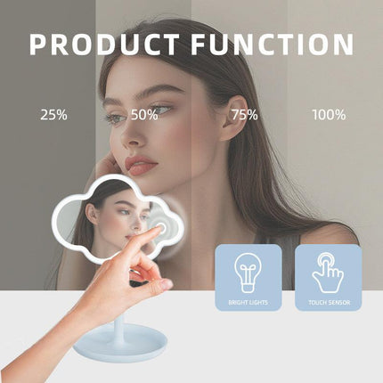 White Cute Cloud Shaped LED Makeup Mirror Desktop Vanity Light with Storage Tray 360 Rotation Cordless Cosmetic Beauty Tool.