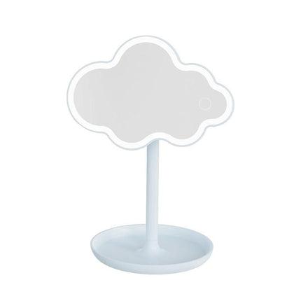 Blue Cute Cloud Shaped LED Makeup Mirror Desktop Vanity Light with Storage Tray 360 Rotation Cordless Cosmetic Beauty Tool.