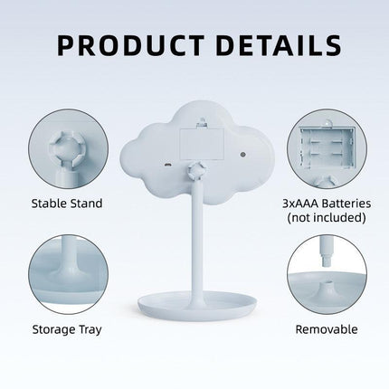Blue Cute Cloud Shaped LED Makeup Mirror Desktop Vanity Light with Storage Tray 360 Rotation Cordless Cosmetic Beauty Tool.
