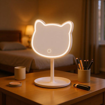 Cute Cat Ear LED Makeup Mirror Desktop Vanity Light with Storage Tray Adjustable Angle Cordless Cosmetic Beauty Tool for Teens.