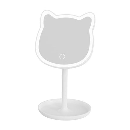 Cute Cat Ear LED Makeup Mirror Desktop Vanity Light with Storage Tray Adjustable Angle Cordless Cosmetic Beauty Tool for Teens.