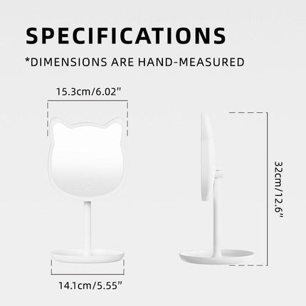 Cute Cat Ear LED Makeup Mirror Desktop Vanity Light with Storage Tray Adjustable Angle Cordless Cosmetic Beauty Tool for Teens.