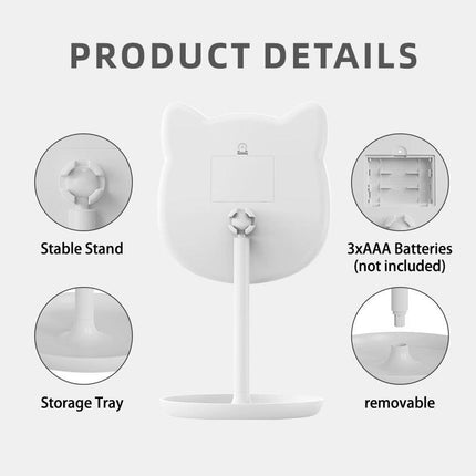 Cute Cat Ear LED Makeup Mirror Desktop Vanity Light with Storage Tray Adjustable Angle Cordless Cosmetic Beauty Tool for Teens.