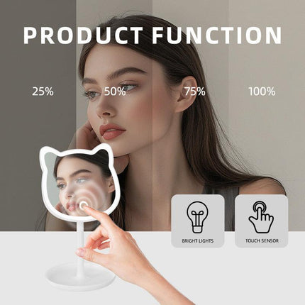 Cute Cat Ear LED Makeup Mirror Desktop Vanity Light with Storage Tray Adjustable Angle Cordless Cosmetic Beauty Tool for Teens.