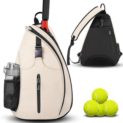 Beige Tennis Sling Bag Badminton Backpack Crossbody Racket Holder for Pickleball Squash Sports Travel with Water Bottle Pocket.