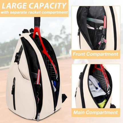 Black Tennis Sling Bag Badminton Backpack Crossbody Racket Holder for Pickleball Squash Sports Travel with Water Bottle Pocket.