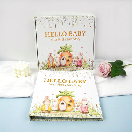 Bunny Printed Baby Memory Book with Gift Box Hardcover Milestone Journal Your First Years Story Cute Bunny Theme for Boys Girls Pregnancy to Toddler Keepsake.