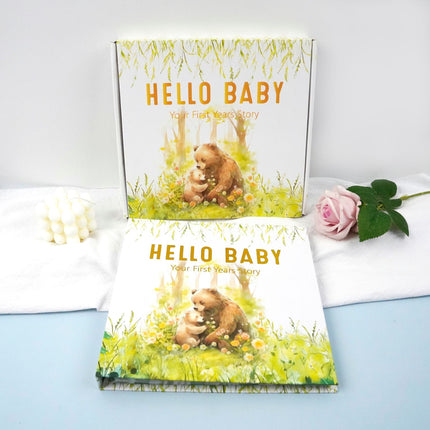 Little Bear Cub Printed Baby Memory Book with Gift Box Hardcover Milestone Journal Your First Years Story Cute Bunny Theme for Boys Girls Pregnancy to Toddler Keepsake.